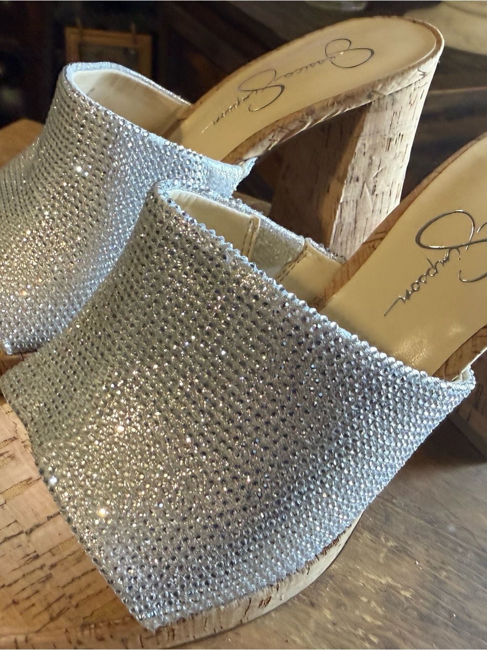 Jessica Simpson Silver Crystal Cork-Wedge Mules , NWOT size 9